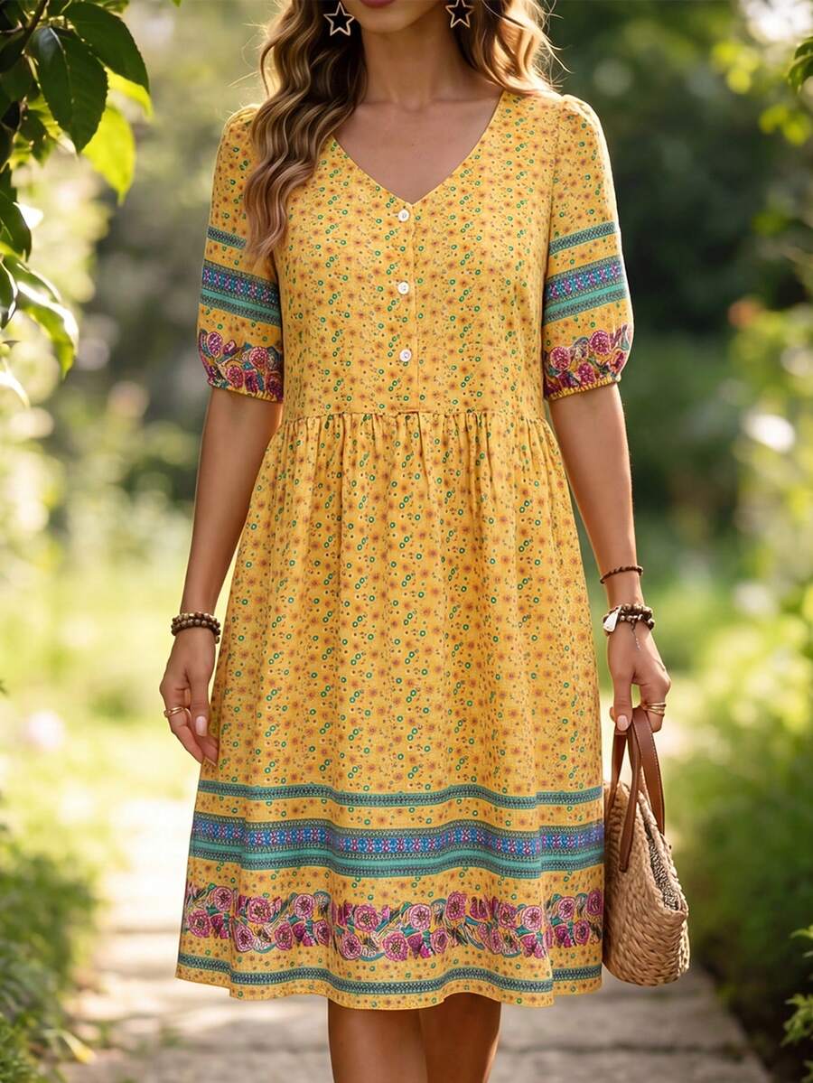 Breezaya Chân váy casual in hoa, cài cúc phía trước, thích hợp cho kỳ nghỉ và đi biển, dành cho nữ. - Nhiều màu - Xem 1