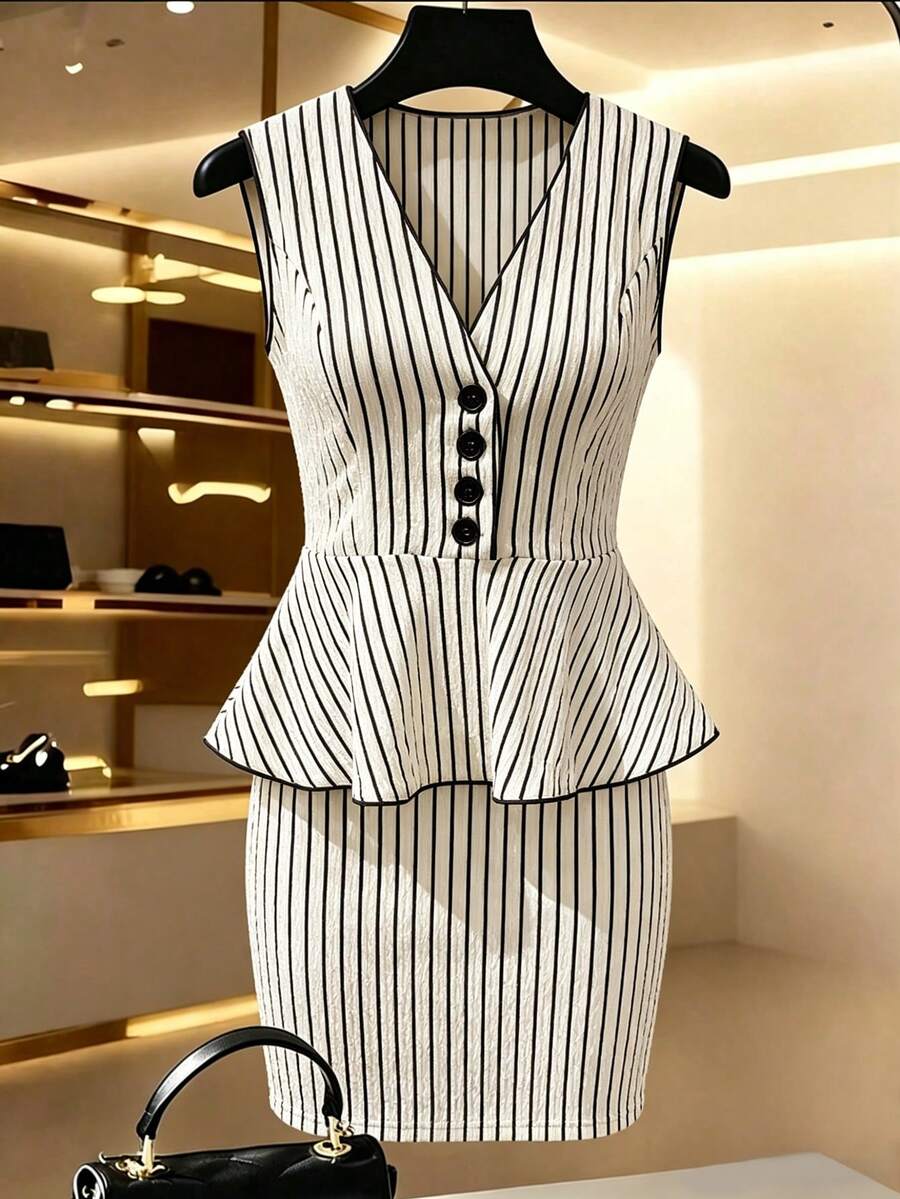 Franclia 女士新款V领无袖不对称纽扣荷叶边下摆上衣+修身迷你裙两件套 - 杏色 - 查看 1
