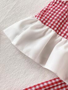Cozy Pixies Bộ đồ 2 món cho bé gái: áo vest và quần dệt kẻ caro phối trắng với viền hoa. - Đỏ và trắng - Xem 4
