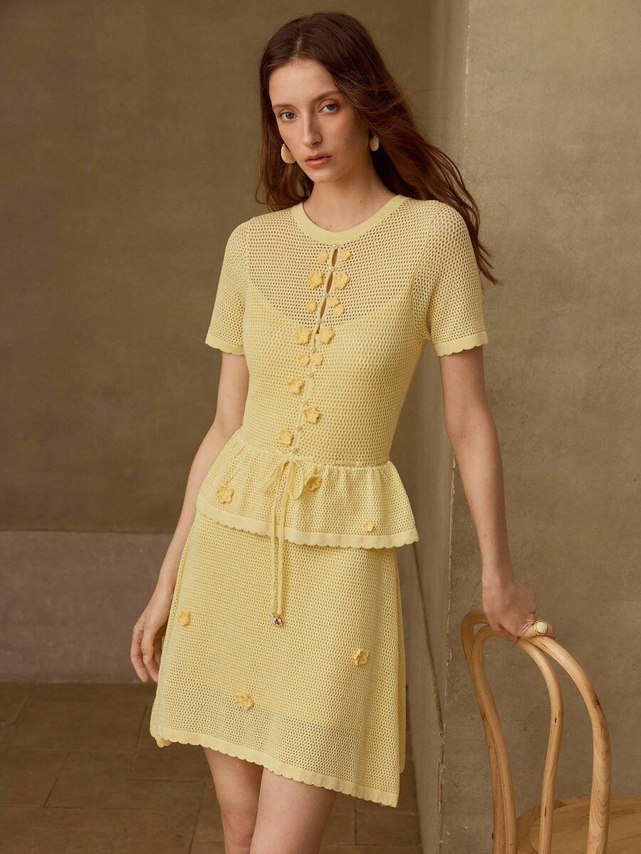 MOTF PREMIUM FLORAL APPLIQUE WOMEN SWEATER DRESS - Yellow - View 1