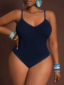 Slaydiva Body noir moulant sans manches grande taille, automne/hiver - Bleu marine - Voir 4