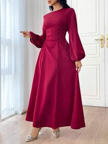 Veilorie Váy dài tay đơn giản hàng ngày màu đỏ tía dành cho nữ, váy dự tiệc, váy maxi dài tay thanh lịch, váy dạ hội dài - Màu Đỏ Sâu - Xem 5