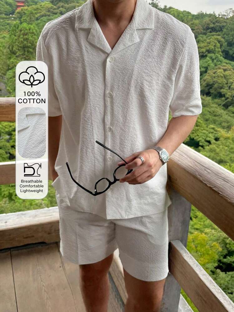 Men's Solid Color Front Button Short Sleeve Beige Shirt Paired With Shorts, Summer Linen-Feel Fabric Suit