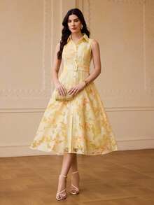 ZEYLAH Vestido de línea A con cintura ajustada de tela jacquard, primavera/verano - Amarillo - Ver 5