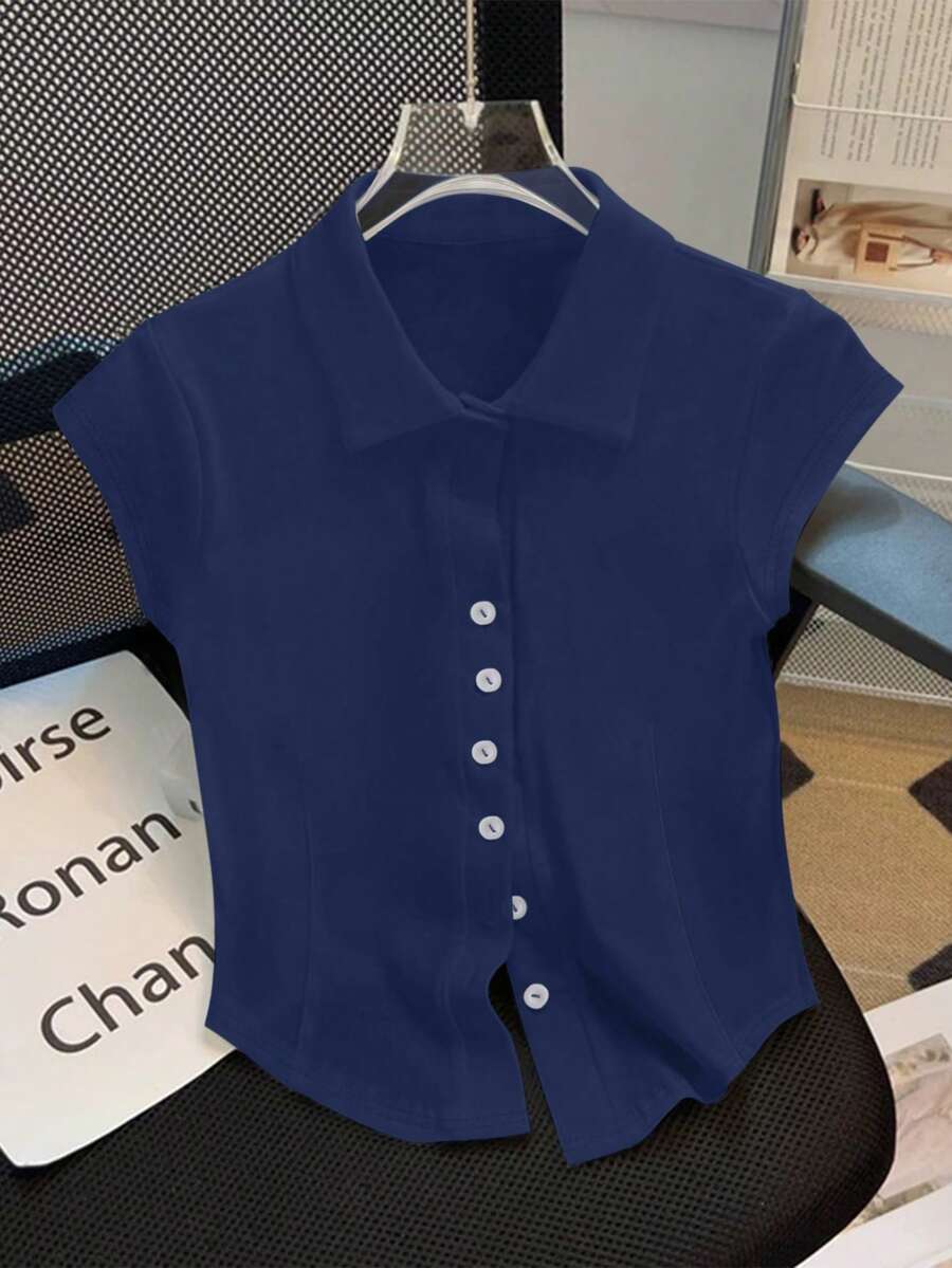 GlowEve Casual Solid Color Button Front T-Shirt, Summer Everyday Navy Blue - Royal Blue - View 1
