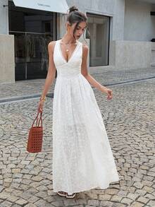 Lucivie Vestido maxi de vacaciones con cuello en V profundo, cintura ceñida y estampado elegante y romántico para mujer - Blanco - Ver 10