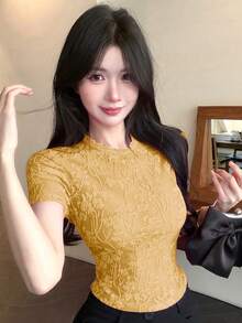 Blusa de encaje con estampado floral blanco, top corto, adecuado para boda, fiesta, festival de música, camiseta de manga corta ajustada para mujer, primavera/verano - Amarillo - Ver 3