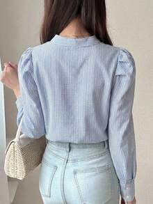 DAZY Women's Elegant Striped Petal Sleeve Tie Collar Blouse, Spring Summer - Blue - View 7