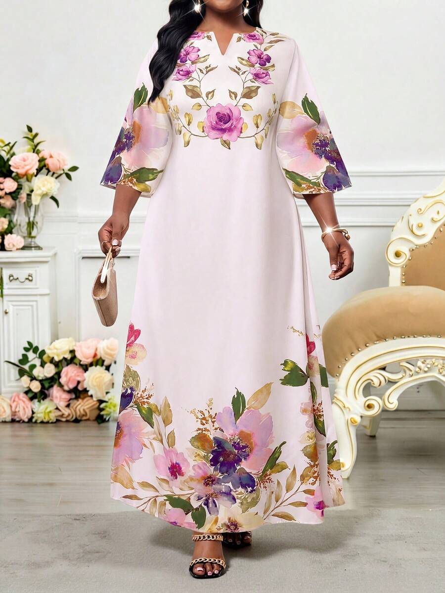 SHEIN Lady Đầm maxi nữ họa tiết truyện tranh và hoa lá thường ngày, kiểu dáng mới mùa xuân hè 2025, đầm cỡ lớn. - Nhiều màu - Xem 1