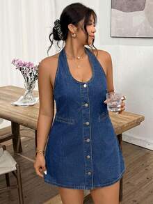 Lounesse Đầm denim cỡ lớn không tay, hở lưng, cài cúc phía trước, thích hợp cho mùa hè. - Rửa trung bình - Xem 4