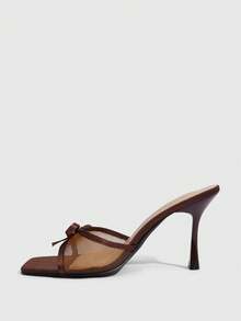 CUCCOO SZL Zapatos de mujer Moda clásica Sandalias de tacón alto para mujer Sandalias de malla marrón con lazo Sandalias de tacón fino con diseño de punta cuadrada para cena, trabajo, viajes, citas y uso sexy - Marrón - Ver 4