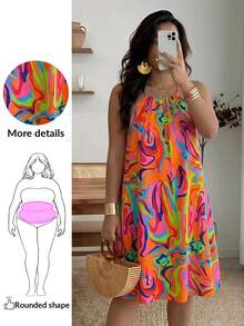 Maweii Jennifer_samantha_style Plus Size All-Over Print Halter Neck Sleeveless Casual Vacation Dress, Summer, For Apple Rounded Body Shape - Multicolor - View 1