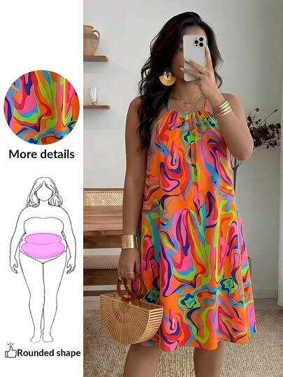 Maweii Jennifer_samantha_style Plus Size All-Over Print Halter Neck Sleeveless Casual Vacation Dress, Summer, For Apple Rounded Body Shape