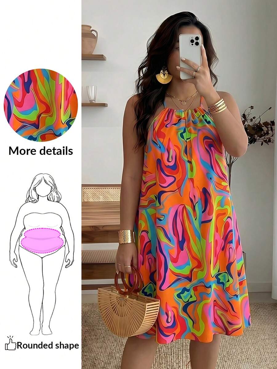 Maweii Jennifer_samantha_style Plus Size All-Over Print Halter Neck Sleeveless Casual Vacation Dress, Summer, For Apple Rounded Body Shape - Multicolor - View 1