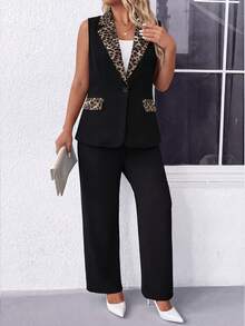 Elenzga Plus Size Women's Leopard Print Sleeveless Lapel Blazer And Straight Leg Pants 2 Pieces Set, Suitable For Spring/Summer Office Wear - Black - View 8