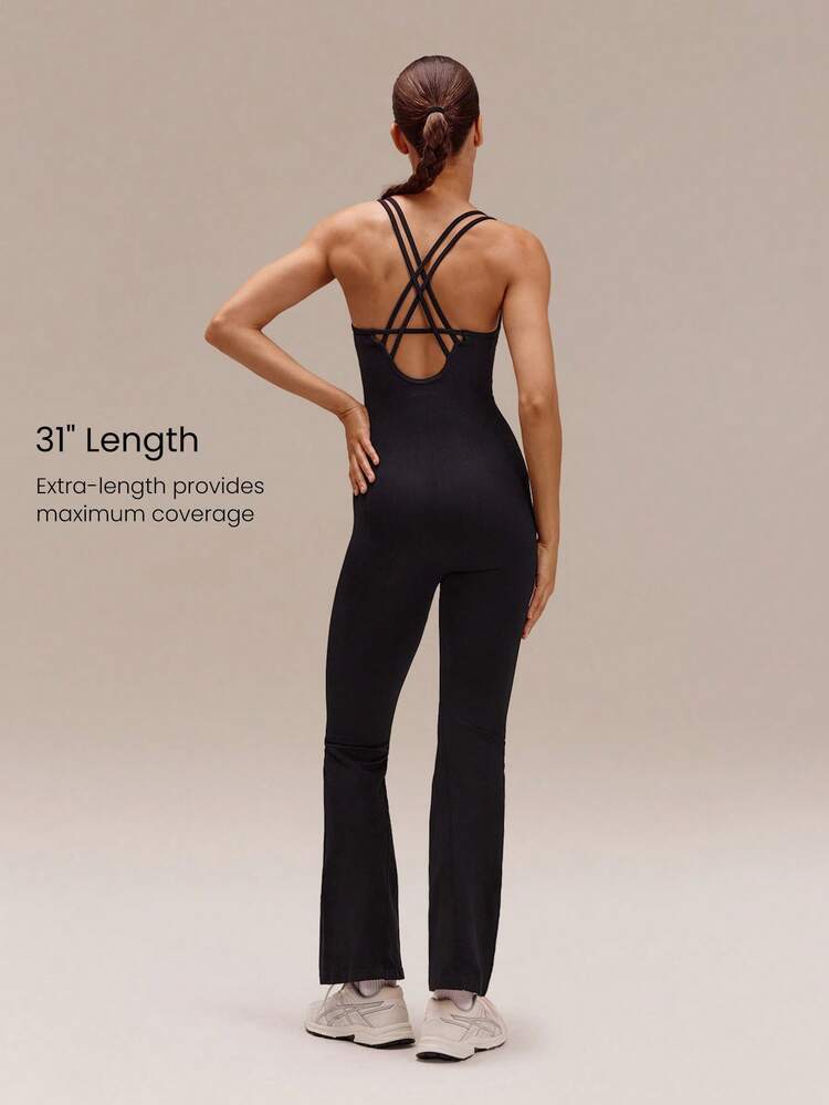 31" Ultrafine Soft Seamless Active Flair Crisscross Strappy Back Flare Leg Jumpsuit Training Running Workout Gym Fitness Active Wear