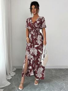 SHEIN Elenzya 女士优雅沙滩度假通勤下午茶派对连衣裙，同色系领口腰带A字双开衩喇叭袖，春夏款 - 紫紅色 - 查看 7