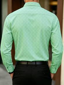 Manfinity Mode Men's Green Autumn Casual Business Work Shirt, Stand-Up Collar Button Long Sleeve Formal Shirt For Daily Wear, Wedding, Party, Gift For Him, Ceremony - Cadet Blue - View 2