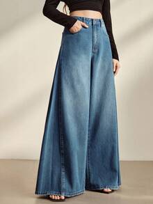 Quần jeans ống rộng màu xanh dương dành cho nữ, thiết kế xếp ly bên hông, phong cách thường ngày đi nghỉ mát. - Màu xanh lam - Xem 5