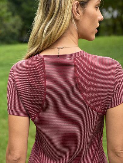 SHEIN In My Nature Women's Outdoor Yoga Sports T-Shirt; Versatile Casual Comfortable T-Shirt Short Sleeve; Fitness Running Exercise Striped T-Shirt For Summer