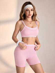 SHEIN Unity 女士夏季休闲拼接格子吊带背心和短裤两件套 - 粉色 - 查看 5