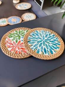 Cirelle 1pc Rattan And Mother Of Pearl Coasters, Woven Coaster Set With Shell Mosaic, Boho Heat Resistant Trivets, Decorative Round Hot Pads For Dining Table - Multicolor - View 5