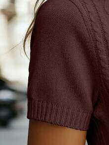 SHEIN Blusa de punto ajustada con cuello en V y manga corta, color albaricoque, con detalle de trenzado, uso diario minimalista - Marrón - Ver 6