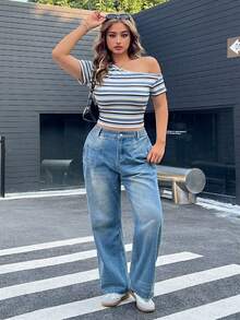 SHEIN EZwear 条纹彩色不对称肩短袖加大码T恤 - 彩色 - 查看 7