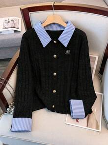 SHEIN Clasi Plus Size Women Cable Knit Cardigan, Casual College Style Letter Embroidery Patchwork, Autumn/Winter Fall Cloth For Women - Black - View 3