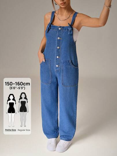 SHEIN PETITE 女士纯色方领无袖牛仔连体裤，带口袋，夏季