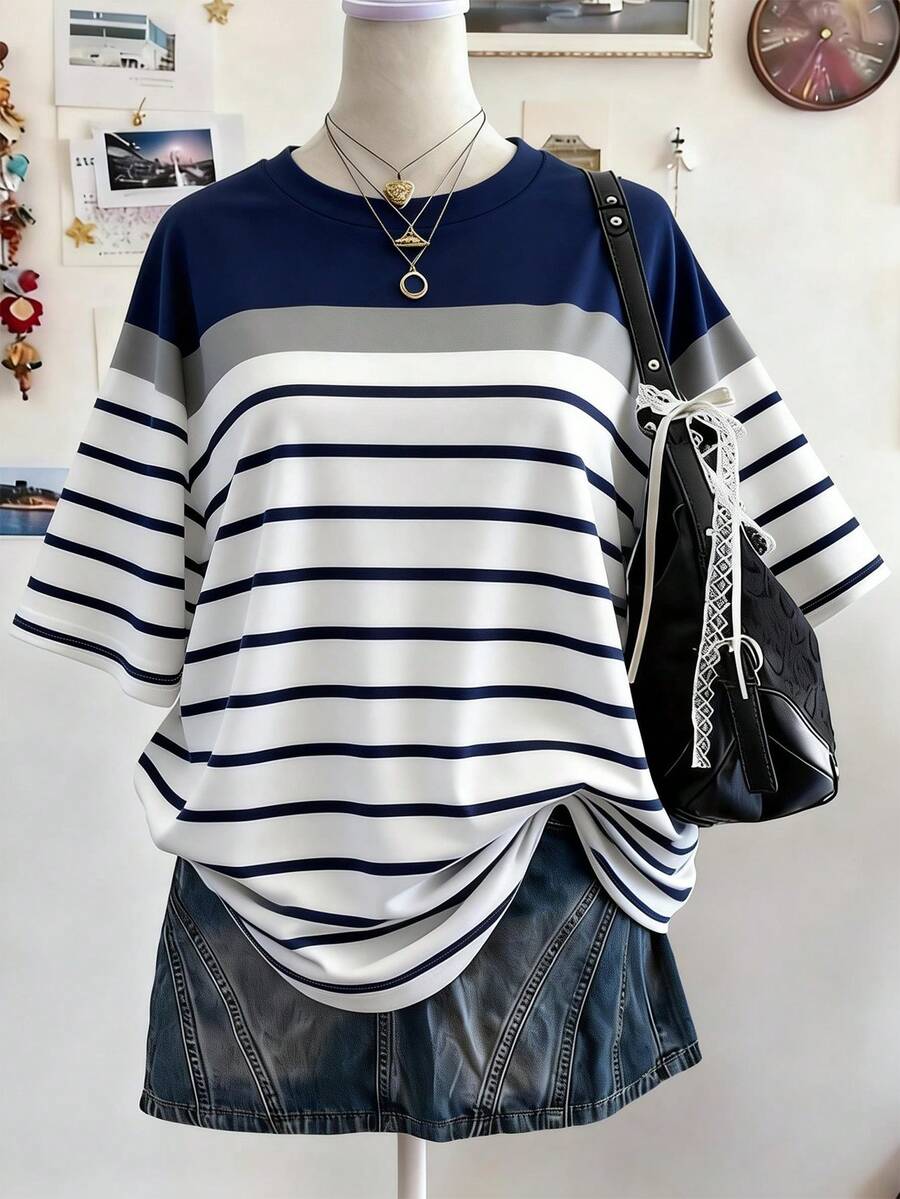 Lalippa Kaos Kasual Longgar Motif Garis Klasik, Musim Panas - MultiWarna - View 1