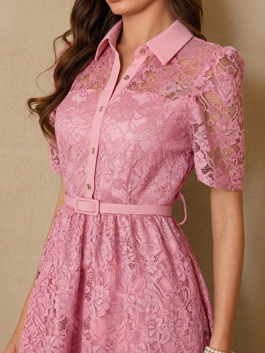 Aveloria Rosie Elegant & Graceful Women's Minimalist Chic Date Luxury Exquisite Lace Fabric Shirt Collar With Belt Waist Slimming A-Line Button Front Short Sleeve Midi Dress - Pink - View 1