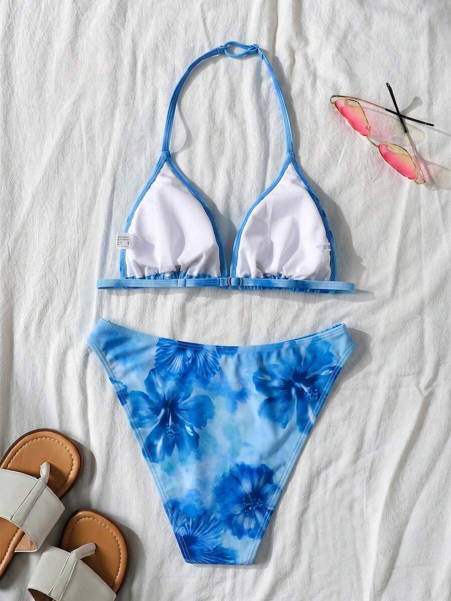 SHEIN 少女休闲碎花印花挂绳笔记本套装，适合日常和度假使用 - 藍色 - 查看 1