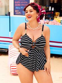Swim Lushoire Plus Size Striped Chain Detail Tankini 2 Pieces Set, Essential For Summer Vacation Beach Gym Travel - Multicolor - View 3