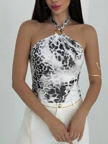Aloruh Áo tank top nữ gợi cảm hở lưng, cổ yếm, phong cách Bohemian, chất liệu vải lưới in họa tiết động vật phối kim loại, thích hợp cho các lễ hội âm nhạc, kỳ nghỉ biển, dạo phố hàng ngày, mang đến vẻ quyến rũ. - Đen và trắng - Xem 8