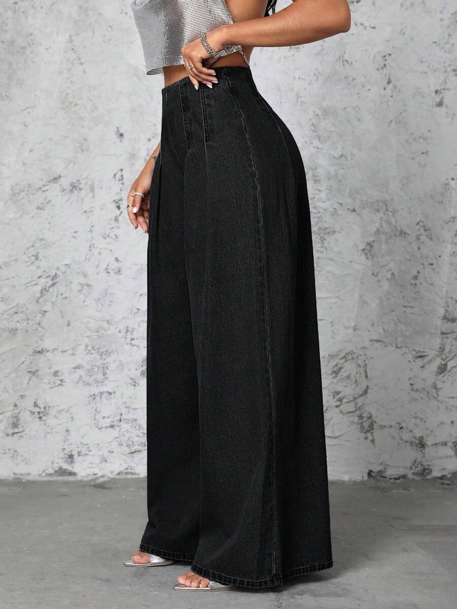 SHEIN SXY Casual Washed High Waist Wide Leg Jeans - Black - View 1