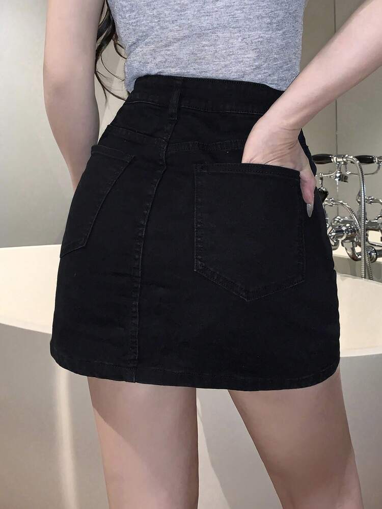 Women's Casual Versatile Washed Denim Button Pocket Mini Skirt, Suitable For Dates And Outings