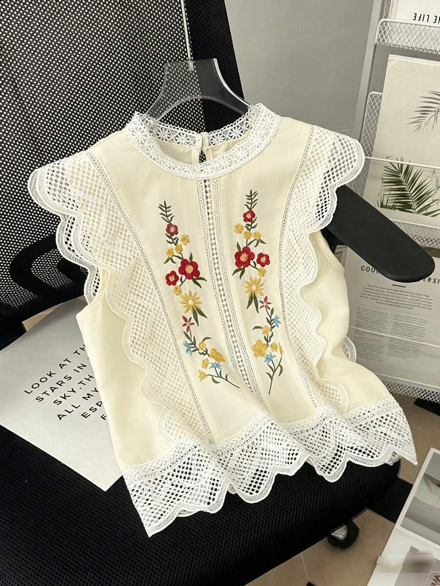Franclia Women's Spring/Summer French Elegant Flowy Romantic Lace Patchwork Stand Collar Sleeveless Embroidered Casual Versatile Blouse Party Cream - Apricot - View 1