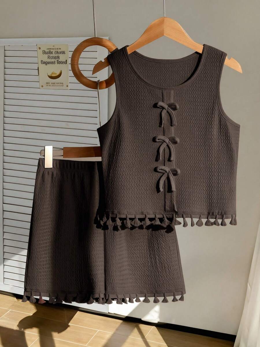 2pcs/Set Striped Bow Tie Sleeveless Crop Top + Ruffle Hem Shorts Set For Teenage Girls, Sweet & Spicy Style, Non-Fleece Design, Suitable For Parties And Summer Outings - Brown - View 1