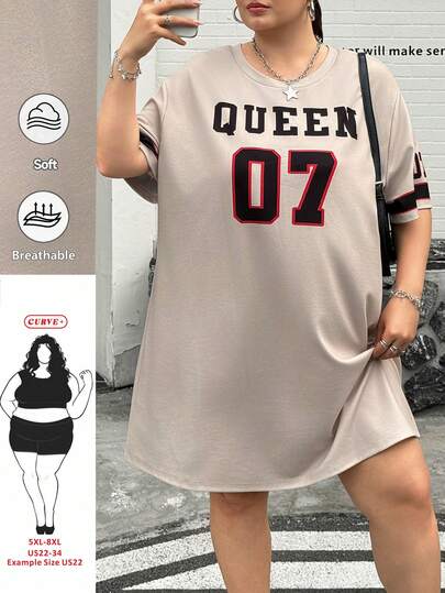 SHEIN CURVE+ Plus Size Music Festival T-Shirt, Casual And Simple Plus Size Lotus Clean Color Round Neck Loose Short Sleeved Dress, Suitable For Summer Wear