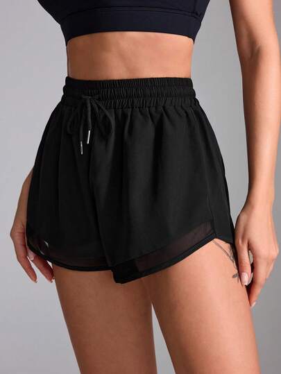 Powerista 女士弹性腰带网眼撞色二合一运动短裤女士运动短裤、健身短裤、骑行短裤舒适短裤