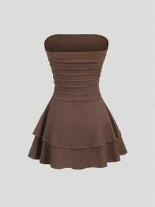 SHEIN Sweetro Đầm ngắn dệt kim không dây vai màu trơn tối giản mới dành cho nữ, đầm nhiều lớp kiểu bánh kem. - Màu nâu  Mocha - Xem 2