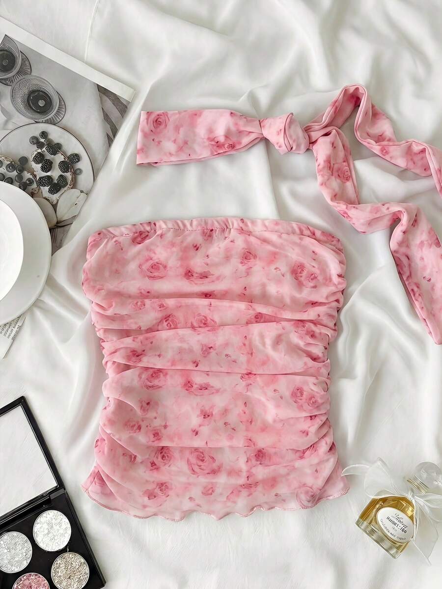 SHEIN 少女配套围脖、抹胸上衣、褶皱腰身、粉色花朵印花无肩带上衣,可爱抹胸上衣,褶皱抹胸上衣,松紧抹胸上衣 - 粉色 - 查看 1