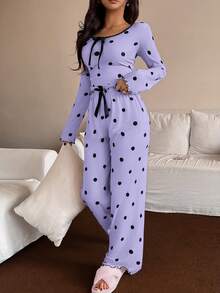 Napfluff Bộ đồ ngủ nữ dài tay và quần in họa tiết chấm bi, kiểu dáng thường ngày. - Màu tím - Xem 3