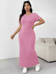 SHEIN EZwear 女士夏季纯色圆领短袖不对称下摆休闲长连衣裙，粉色 - 粉色 - 查看 5