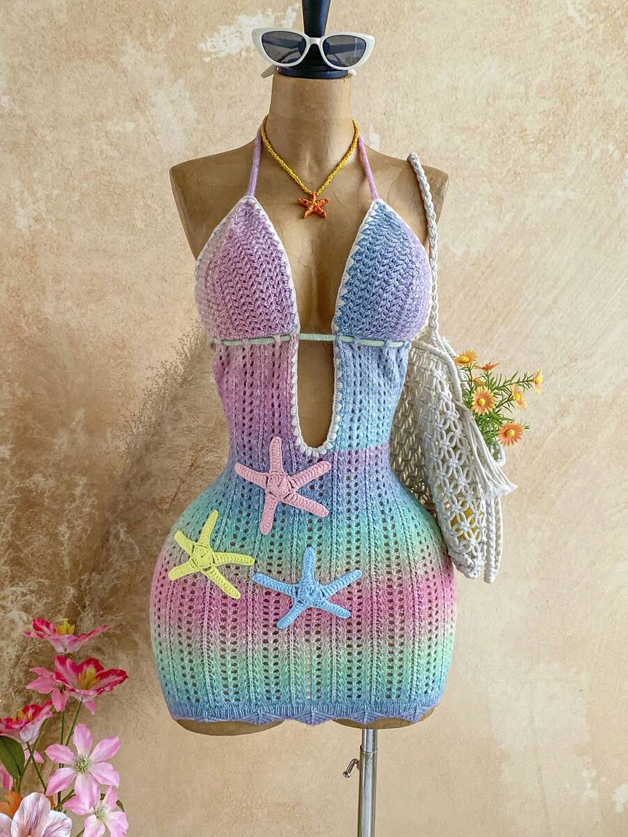 Soleia 女士度假浪漫性感蓝色V领修身海星装饰露背蝴蝶结针织迷你连衣裙,休闲、约会、下午茶、海滩、邮轮、公路旅行、音乐节、派对、波西米亚风、嬉皮风、西部风,可内可外穿,适合所有季节 - 彩色 - 查看 1