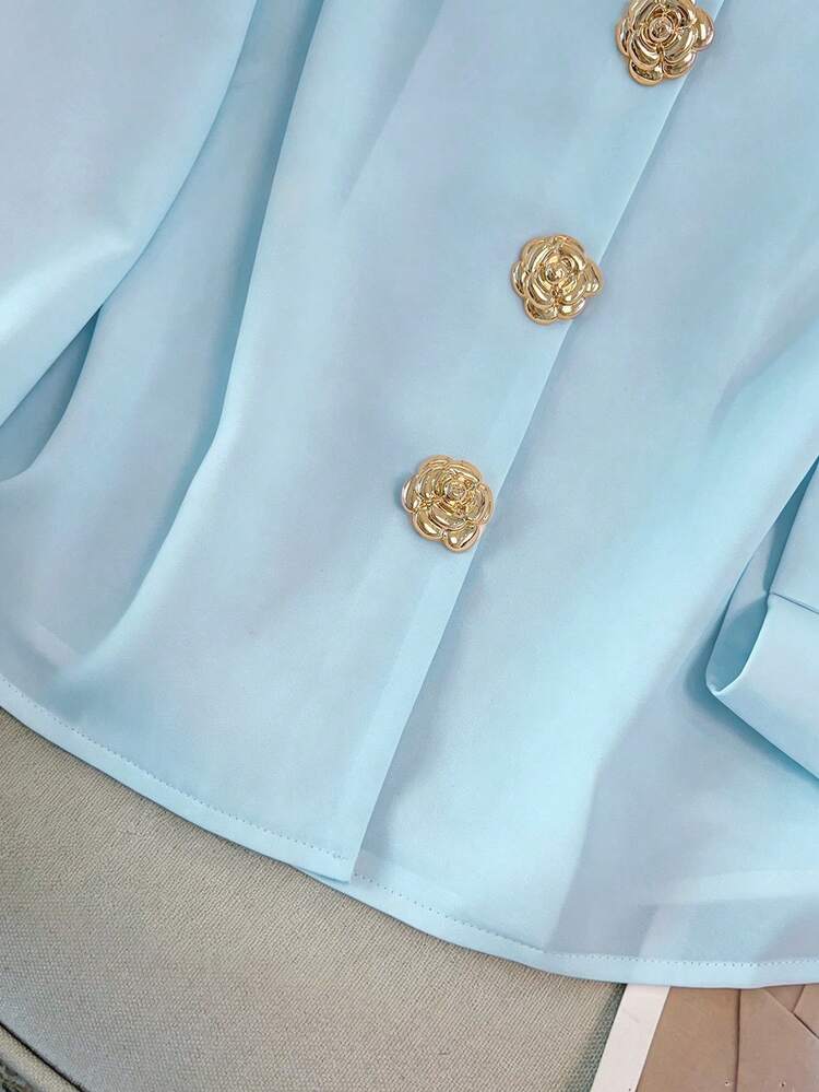 GlowEve CURVE Camisa de mujer de talla grande con cuello en V, manga larga, de tela suave, con decoración de botón de metal color oro rosa, elegante, para otoño/invierno - Agua verde azul - Añade 5