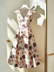 SHEIN Franclia Đầm hoa nữ thanh lịch, lãng mạn, không tay, hở lưng, in họa tiết hoa, thích hợp cho kỳ nghỉ xuân/hè, đi biển, cắm trại, mặc hàng ngày, công sở. - Xám Xanh - Xem 3