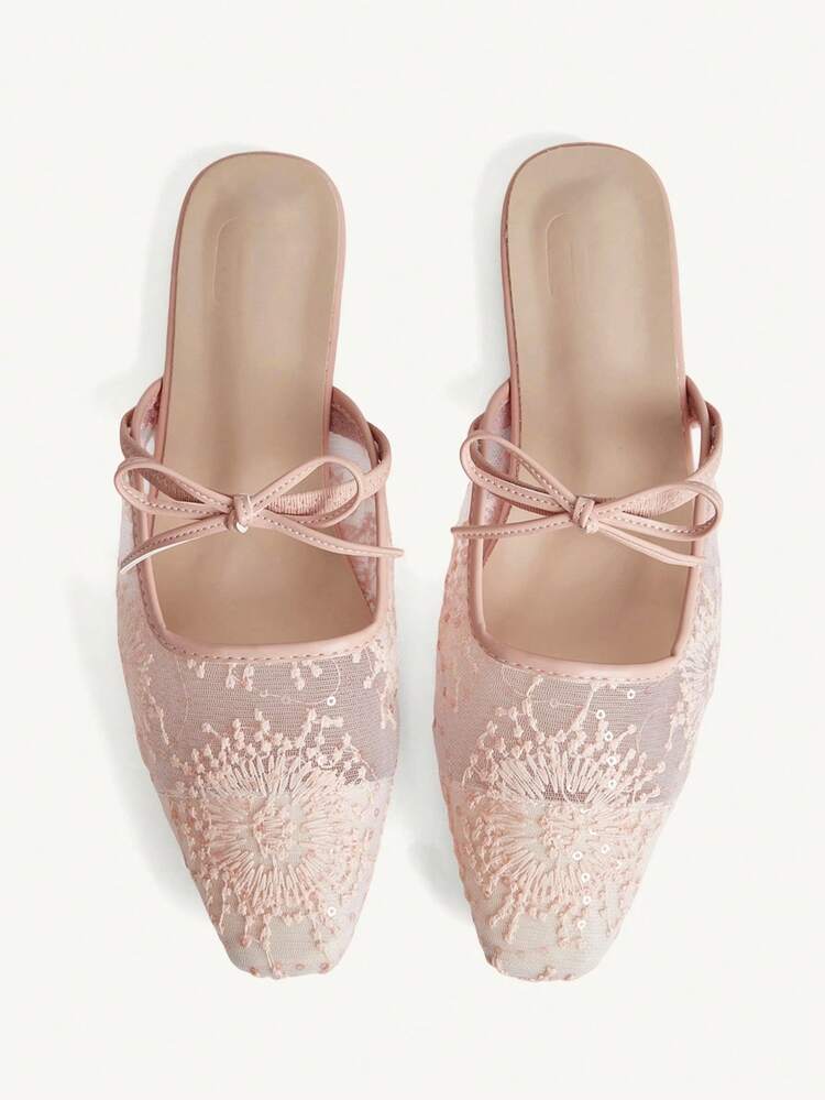CUCCOO CHICEST Women Shoes Small Square Head Flat Bottom Pink Lace Mesh Bow Breathable Women's Flat Back Empty Single Shoes Muller Shoes Light, Comfortable And Simple Commuting Daily Versatile Elegant Women's Flat Shoes