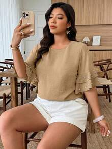 SHEIN LUNE Plus Size Women's Round Neck Ruffle Sleeve Beaded Casual Blouse, Spring/Summer - Khaki - View 3